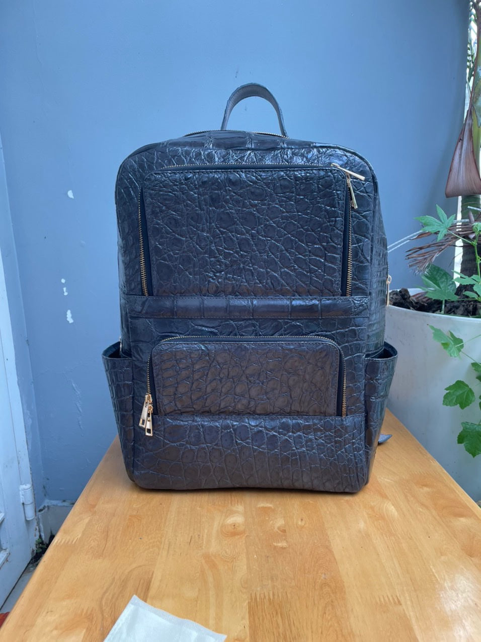 Dark gray crocodile belly leather luxury backpack