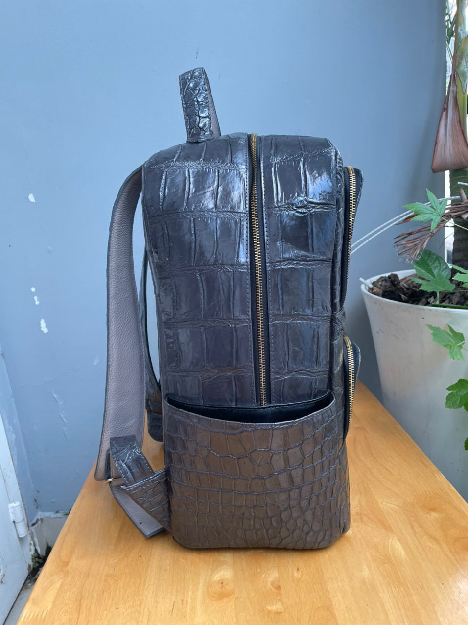 Dark gray crocodile belly leather luxury backpack