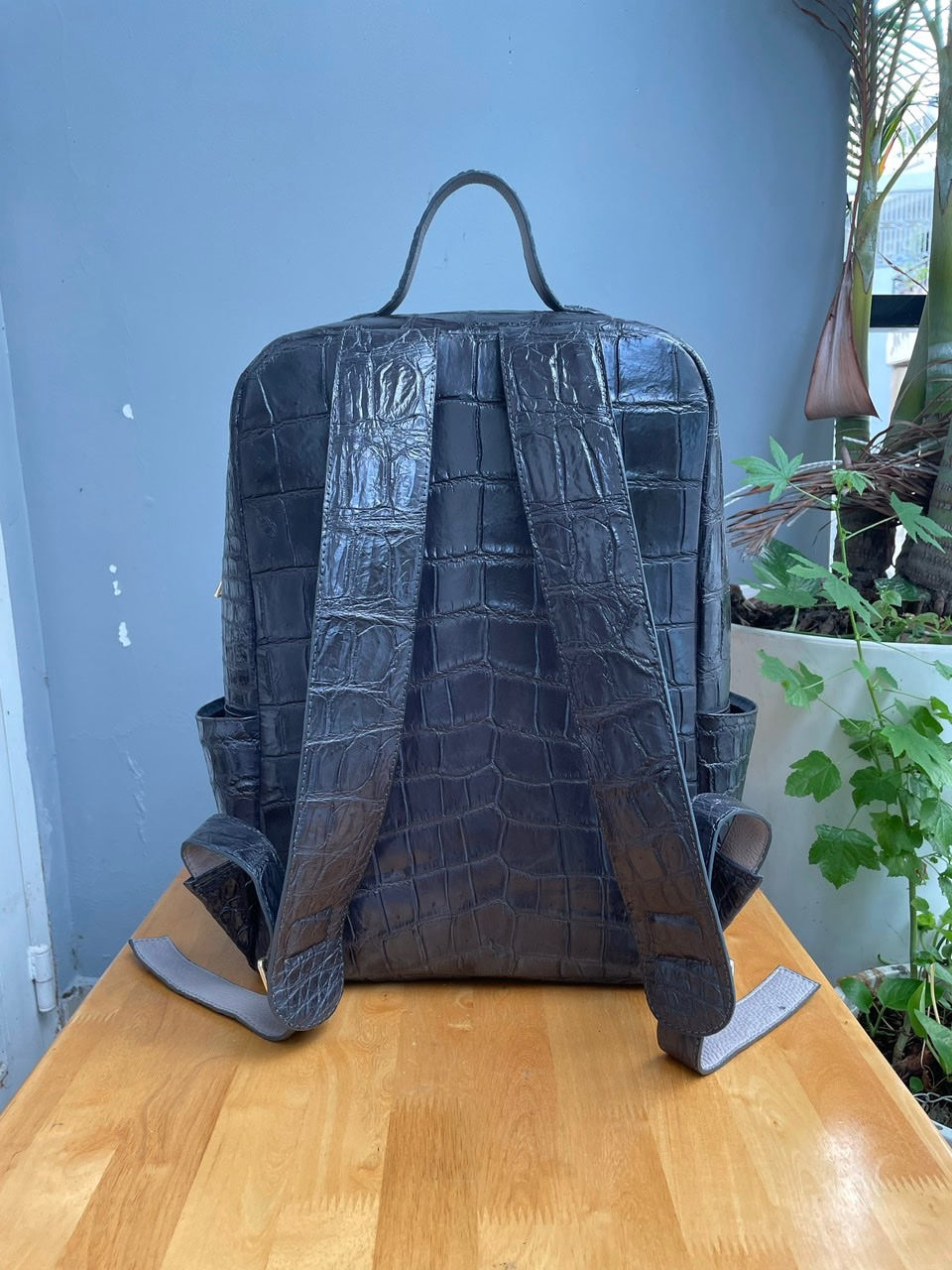 Dark gray crocodile belly leather luxury backpack