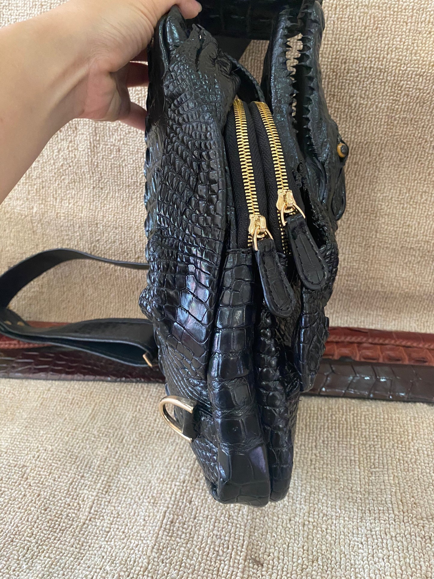 Black Genuine Alligator leather skin sling shoulder bags crossbody bags