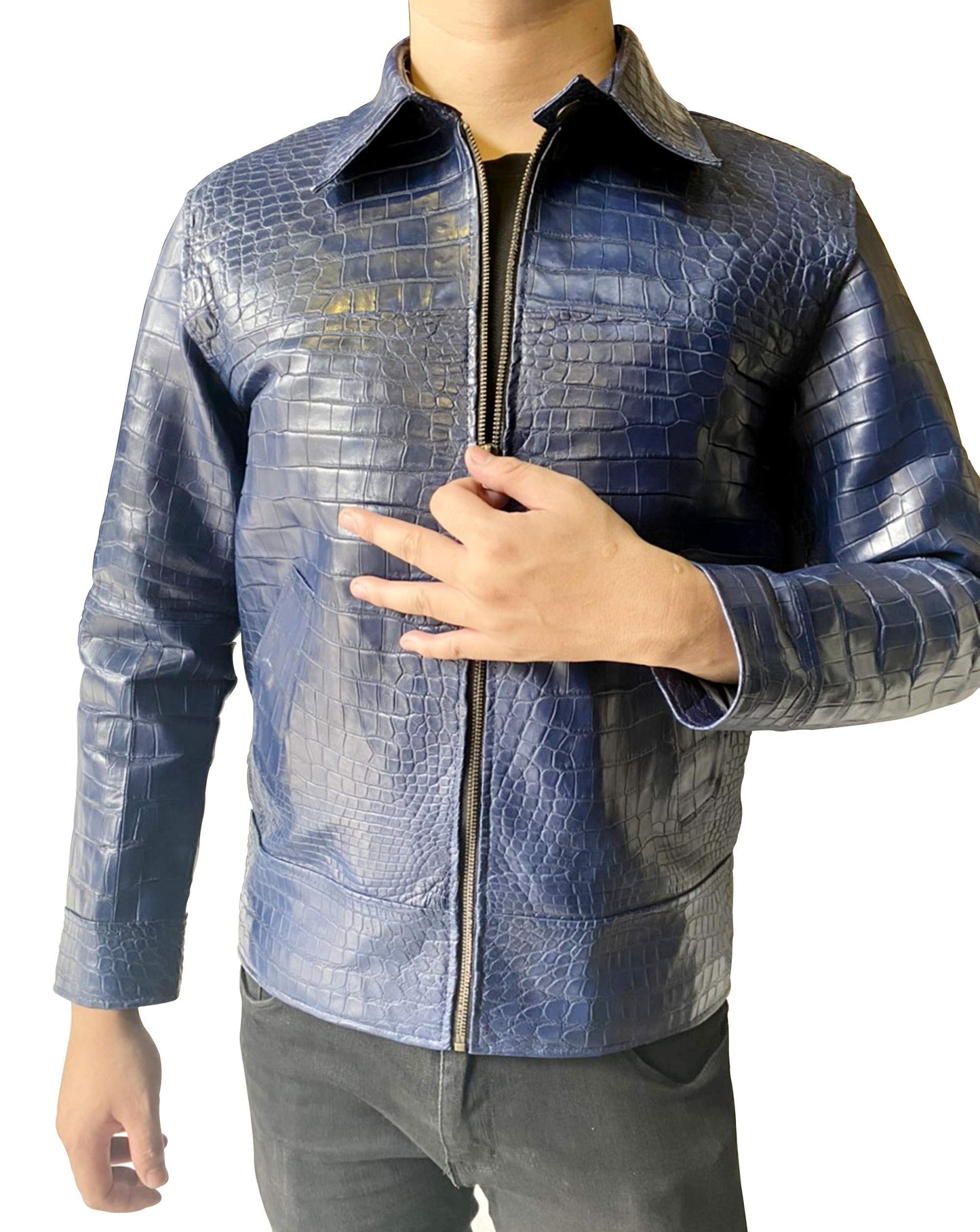 Blue crocodile leather jacket