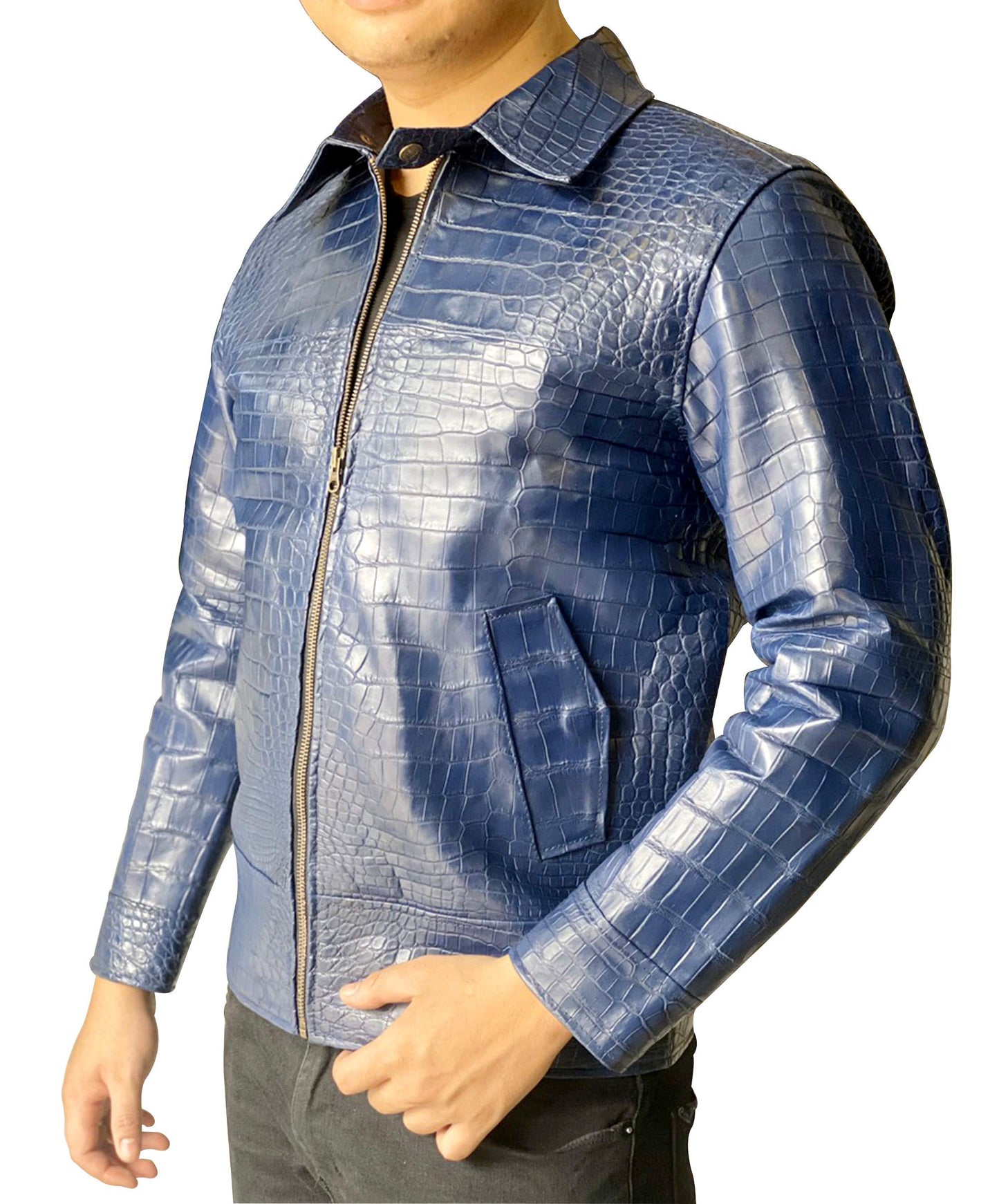 Blue crocodile leather jacket