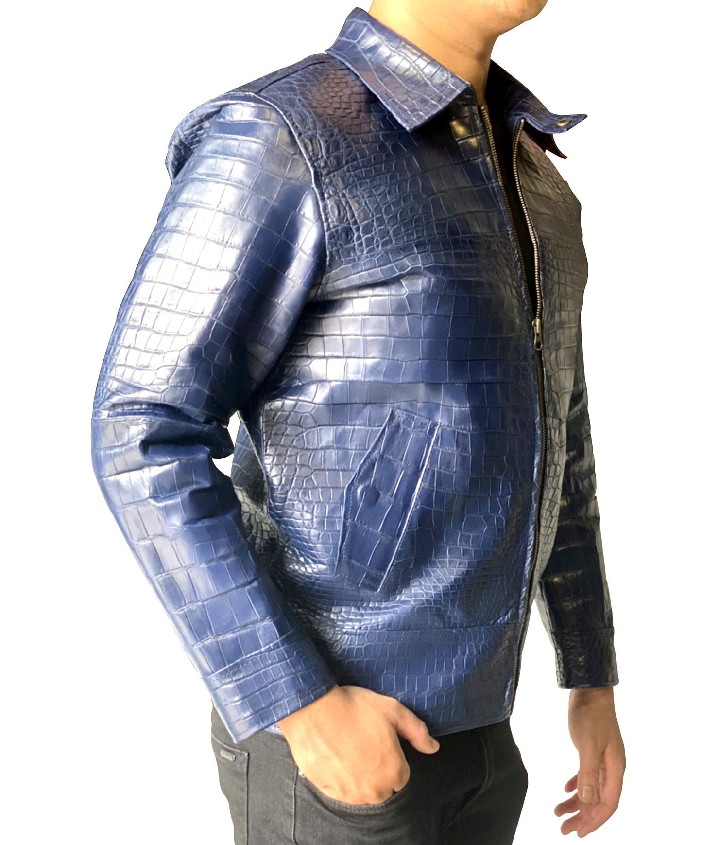 Blue crocodile leather jacket
