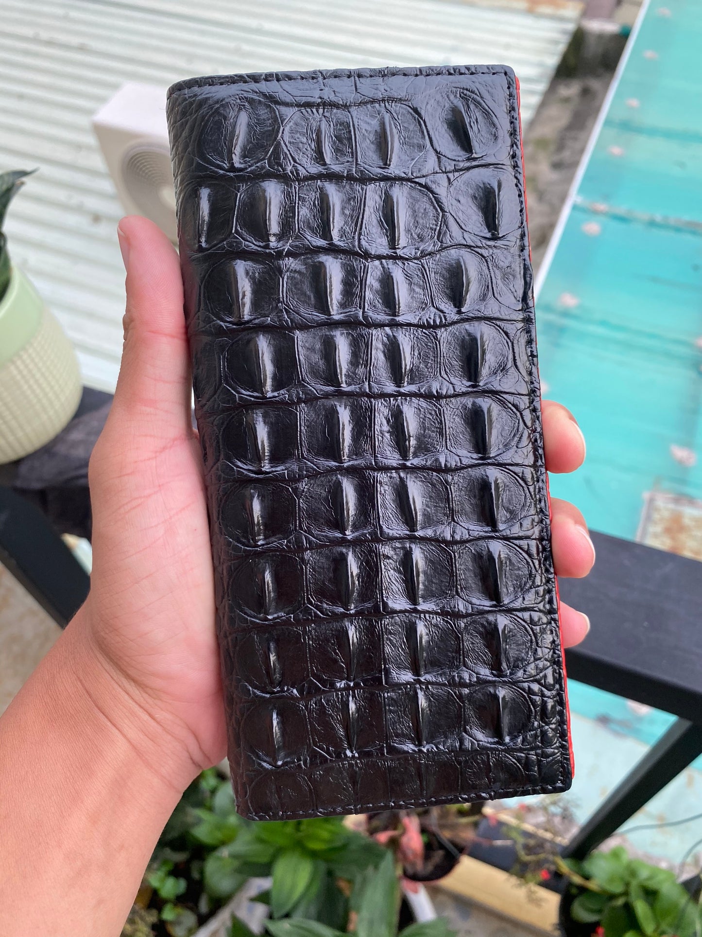 Black genuine double side alligator long wallet for men and women