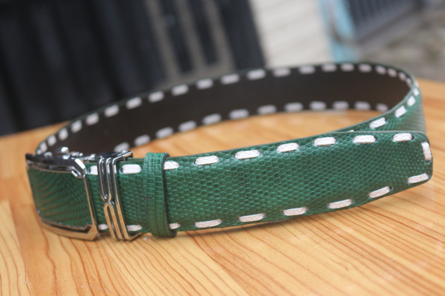 handmade belt, Green Lizard leather belt for men