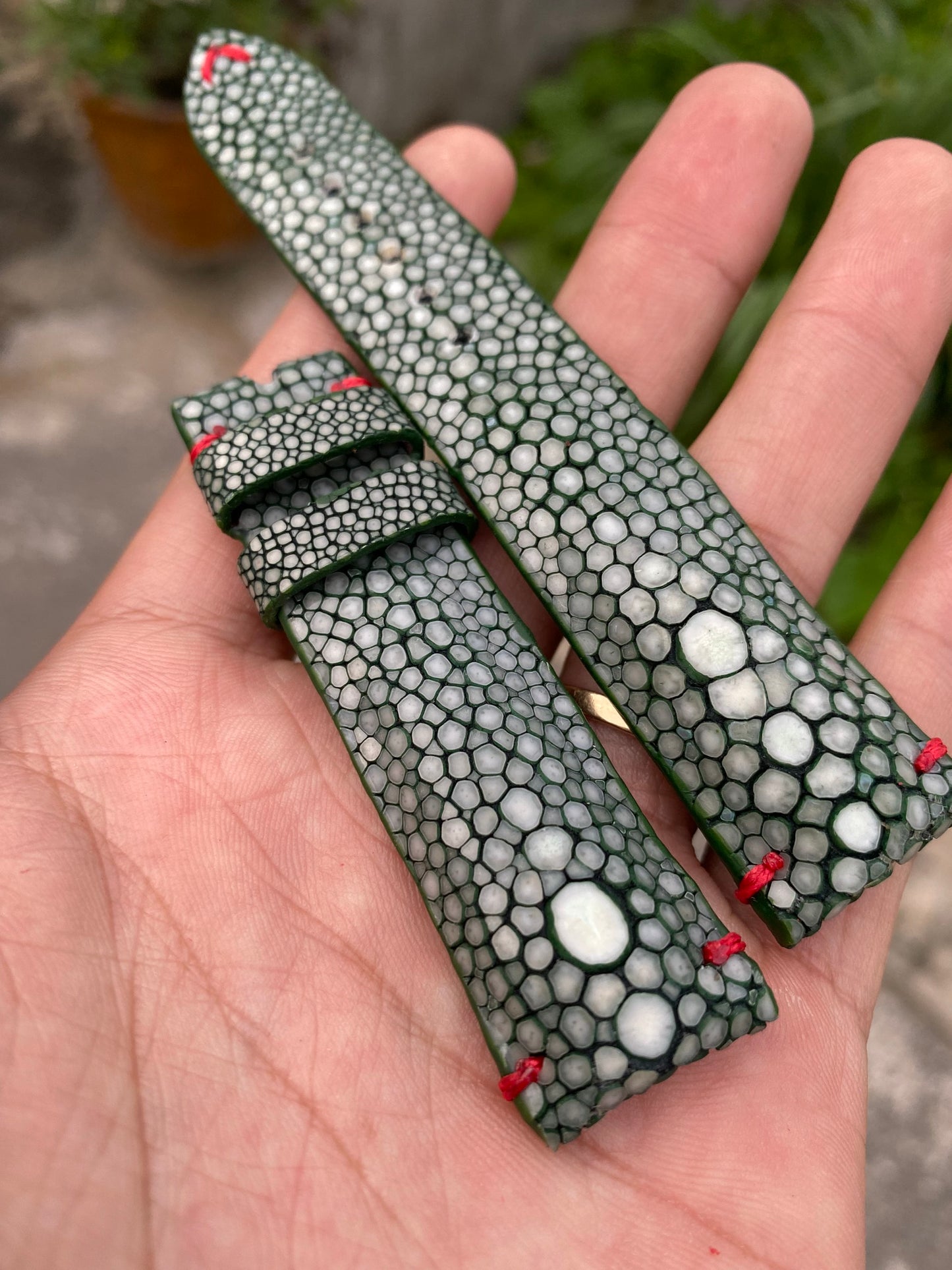 Green Genuine Stingray leather watch strap band with 2 pearl
