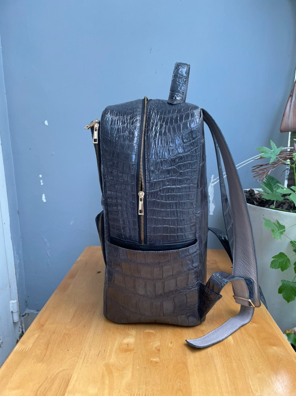 Dark gray crocodile belly leather luxury backpack