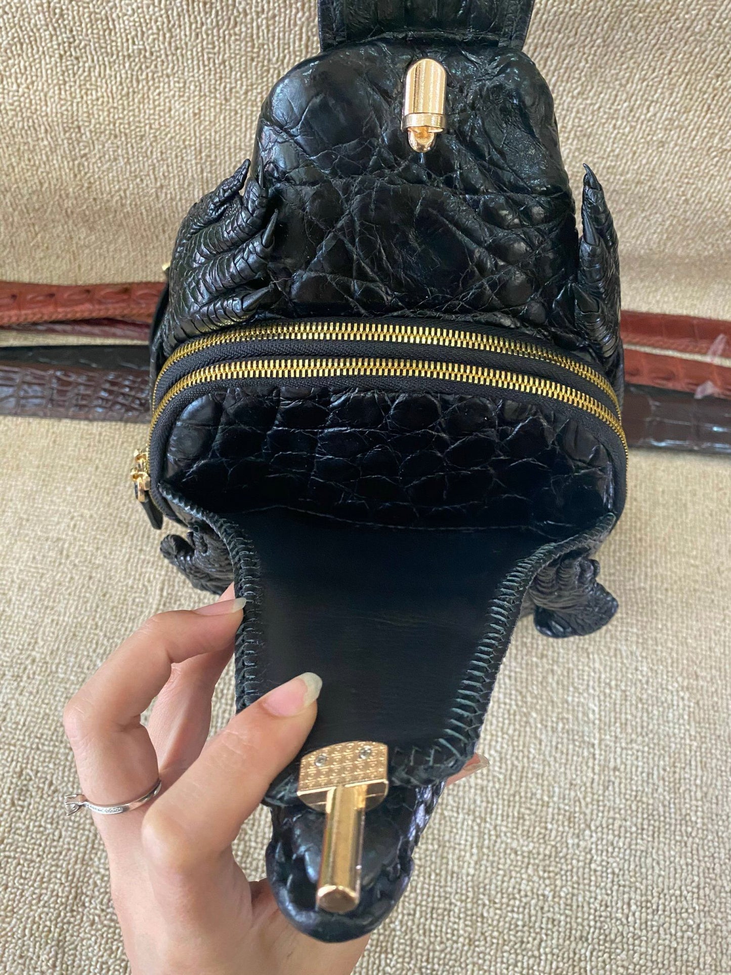 Black Genuine Alligator leather skin sling shoulder bags crossbody bags