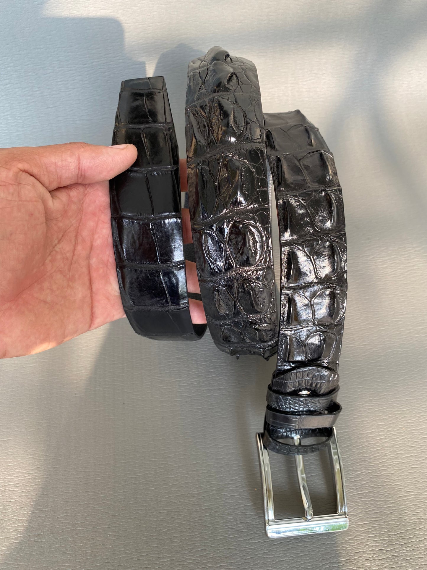 whole alligator leather belt for men with prong buckle