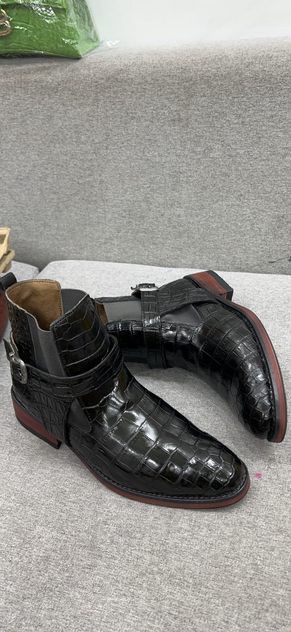Black alligator belly leather boots for men
