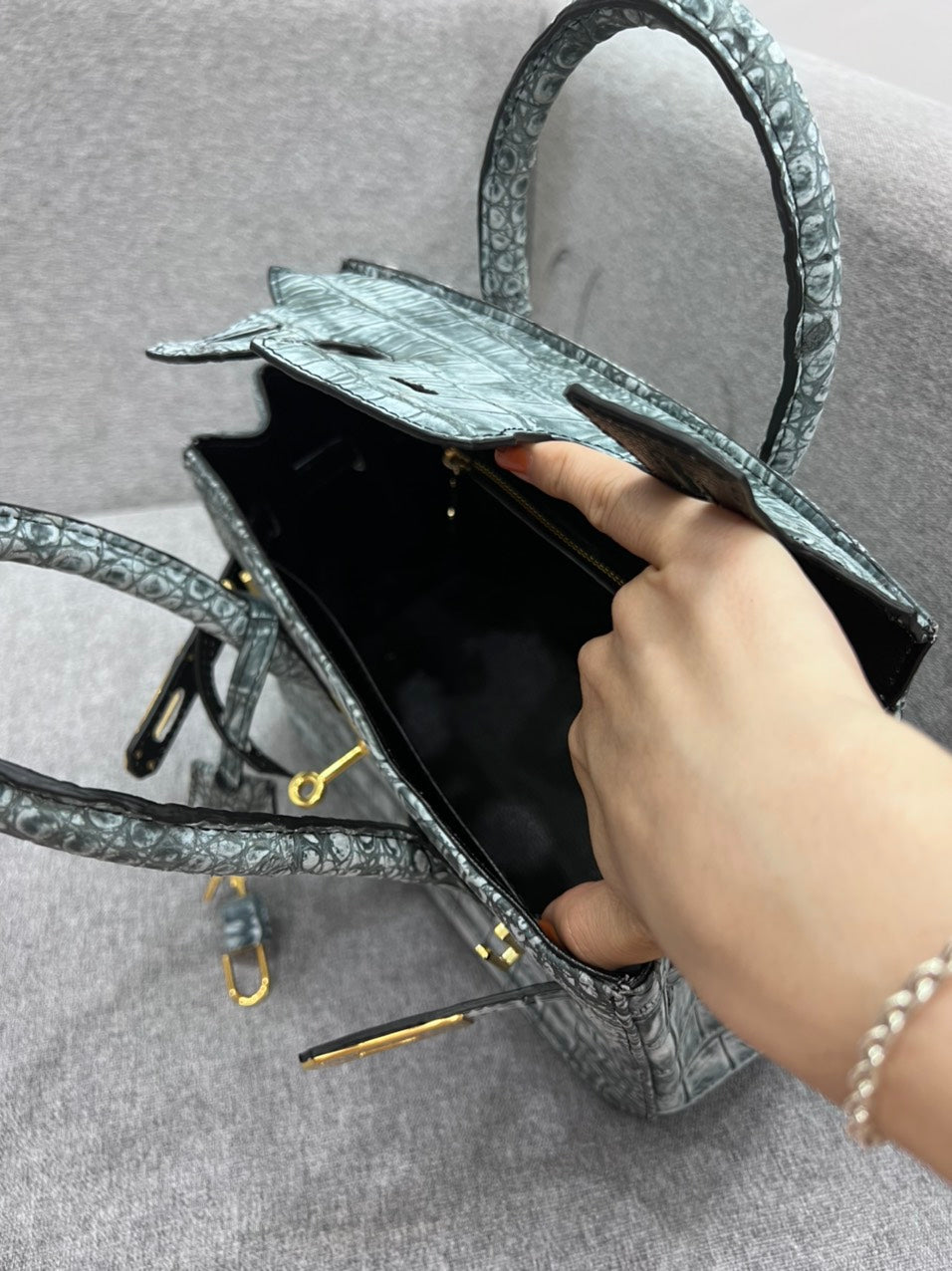 premium Nubuck Crocodile leather top handle bag