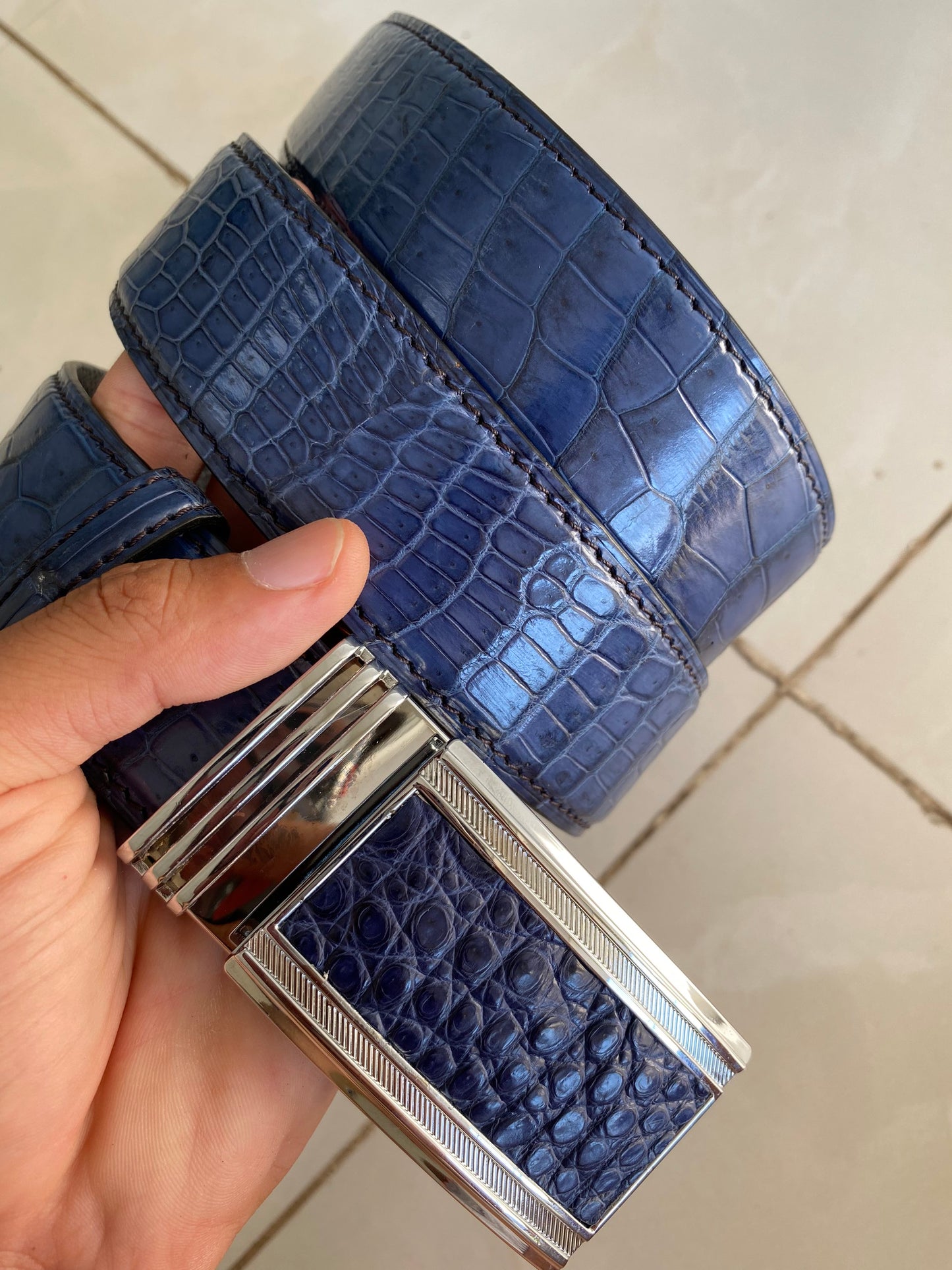 Blue alligator leather belt for men