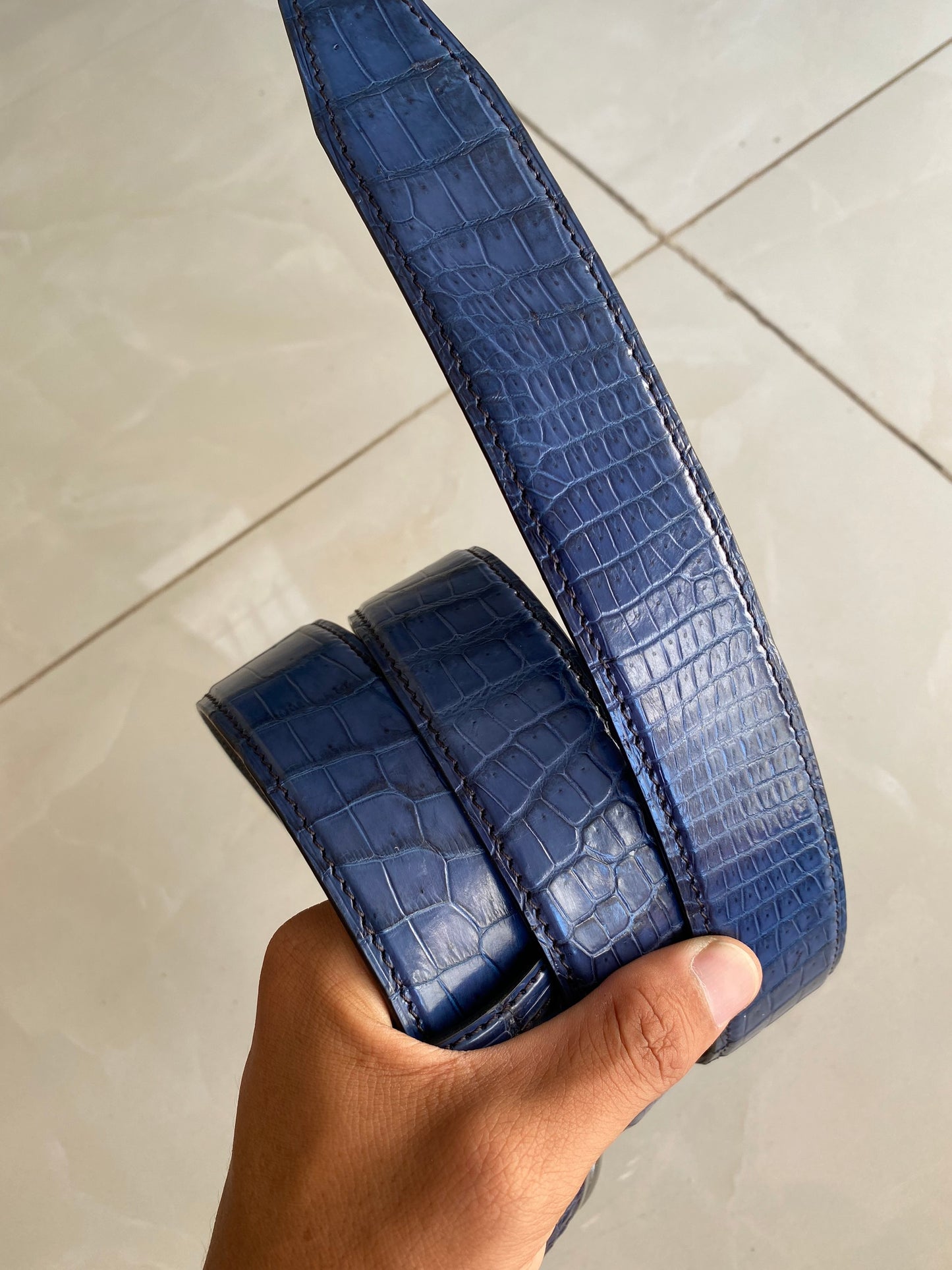 Blue alligator leather belt for men