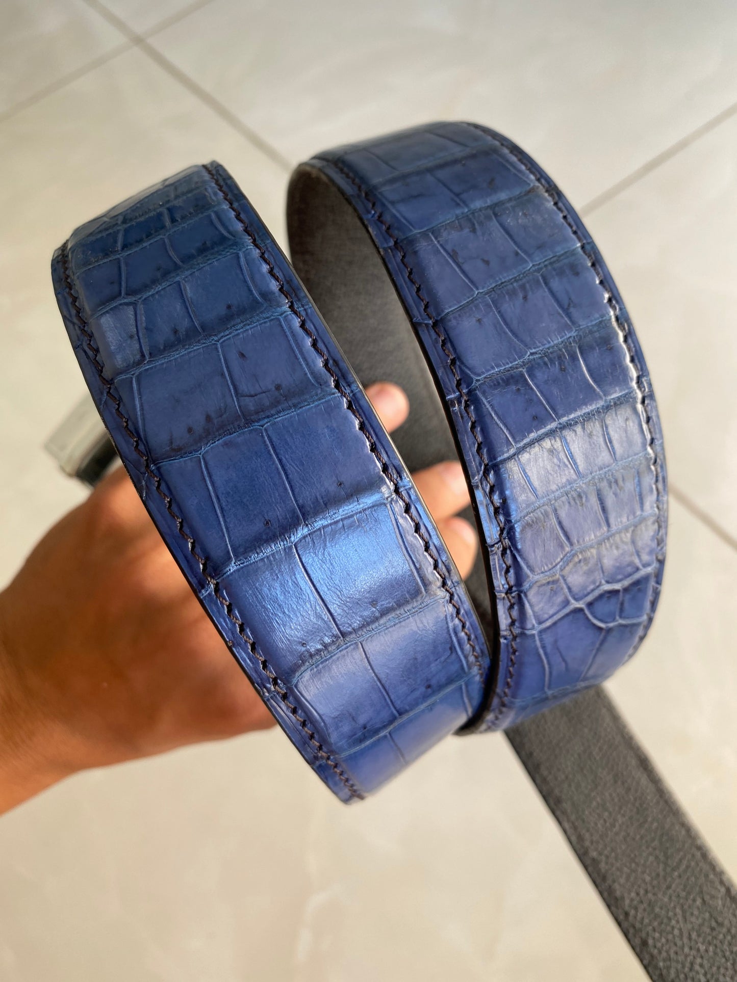 Blue alligator leather belt for men