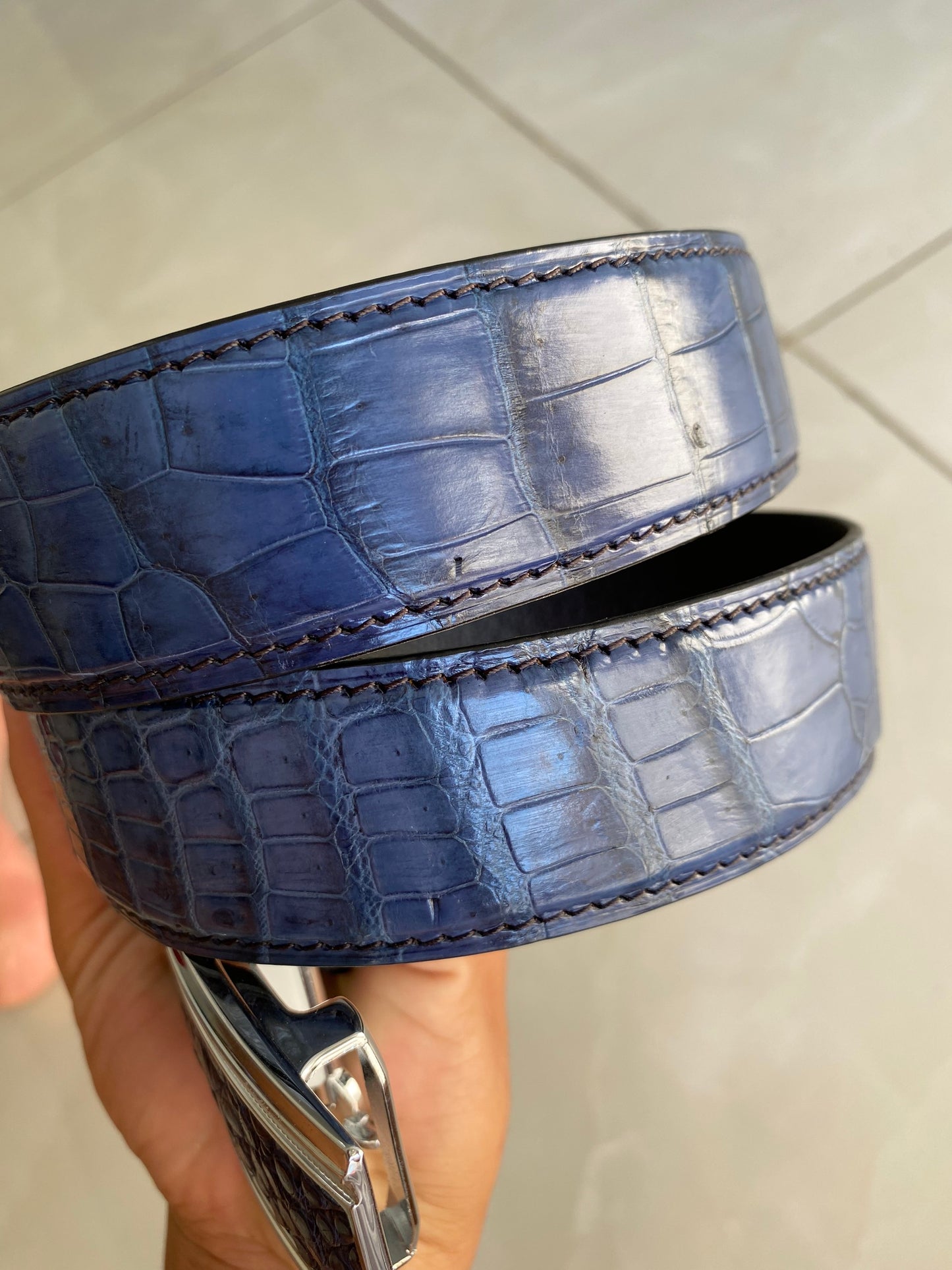 Blue alligator leather belt for men