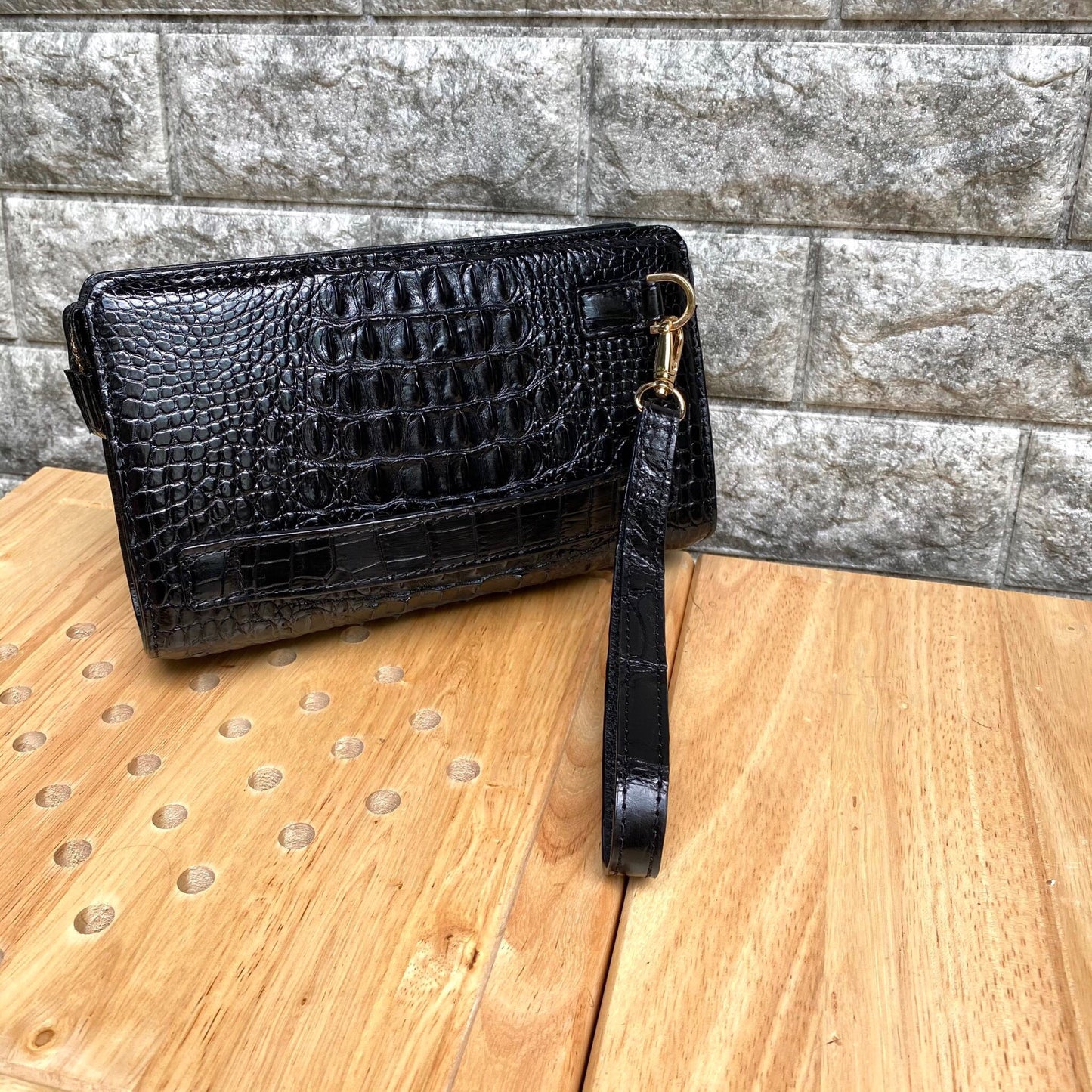 genuine Alligator leather skin clutch wallet with 1 bulging zippers