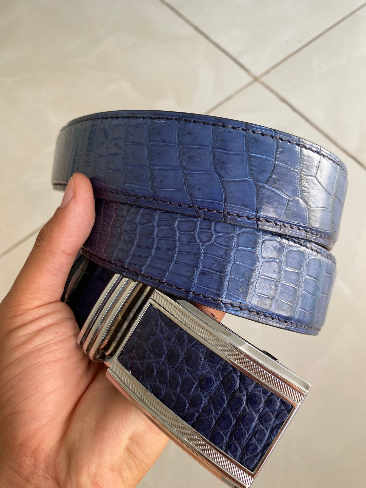 Blue alligator leather belt for men