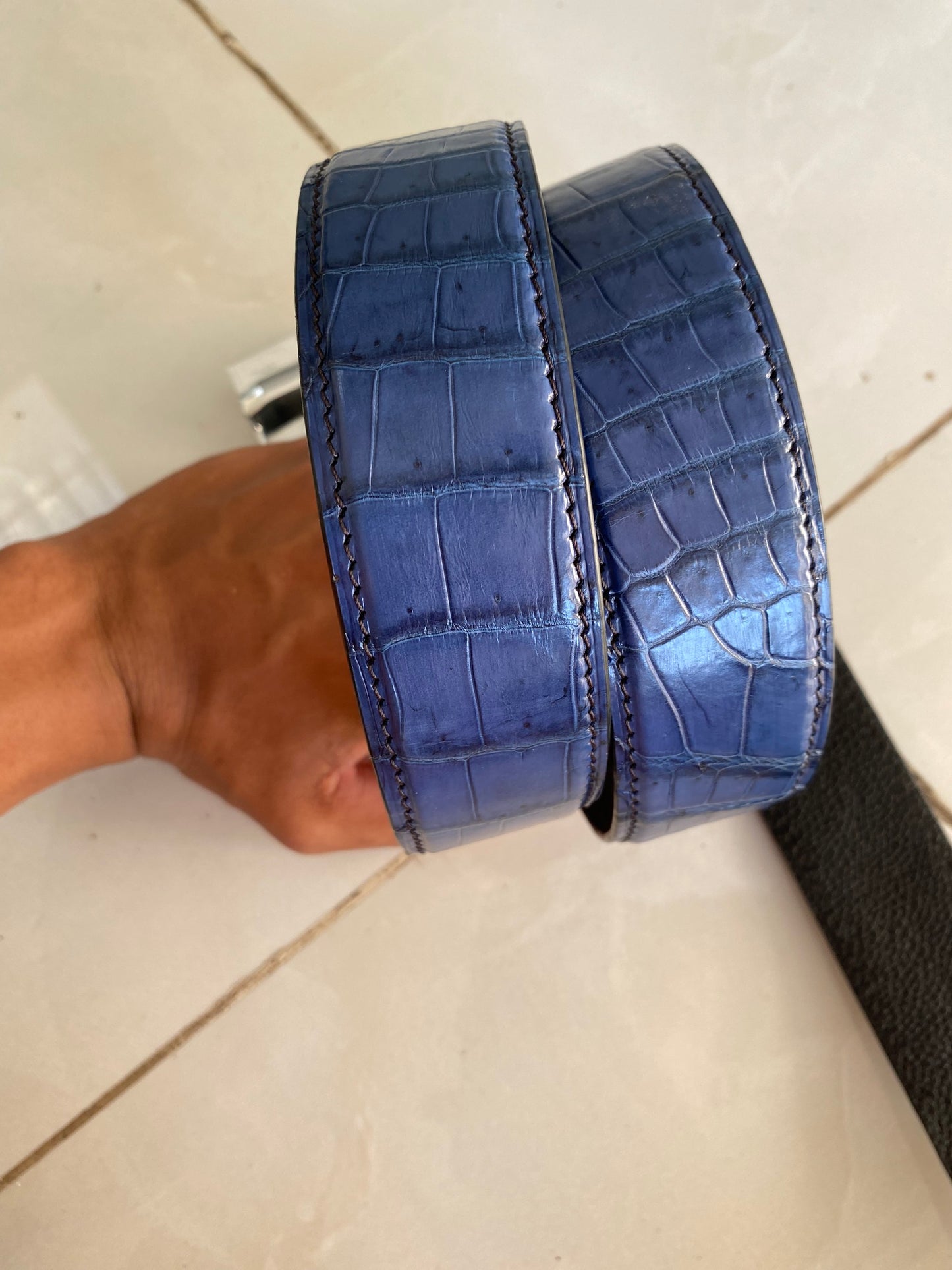 Blue alligator leather belt for men