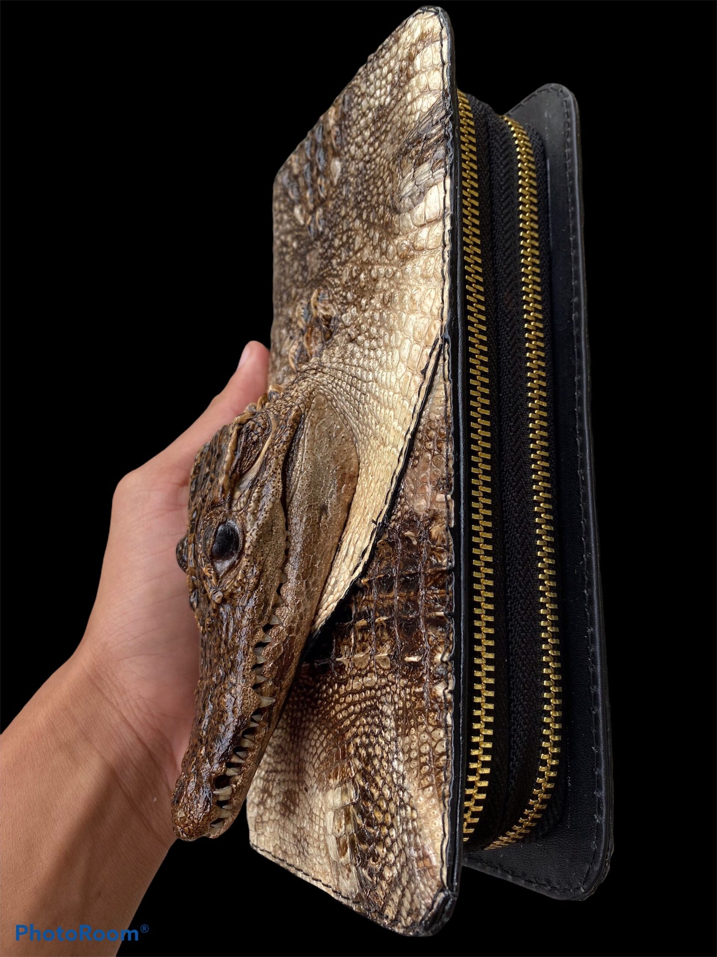 Original genuine Alligator leather skin clutch wallet with 2 bulging zippers