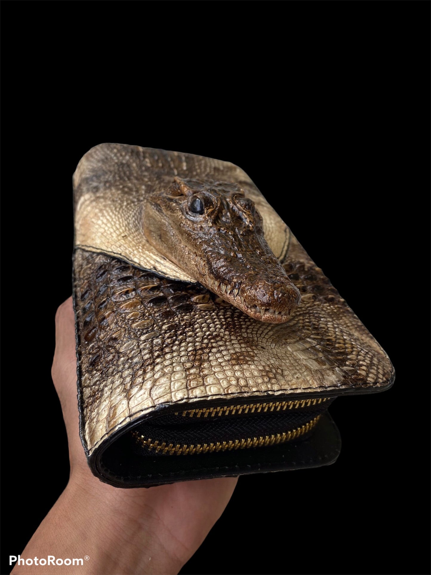 Original genuine Alligator leather skin clutch wallet with 2 bulging zippers