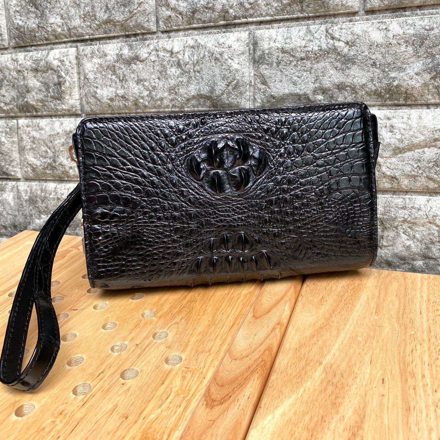 genuine Alligator leather skin clutch wallet with 1 bulging zippers