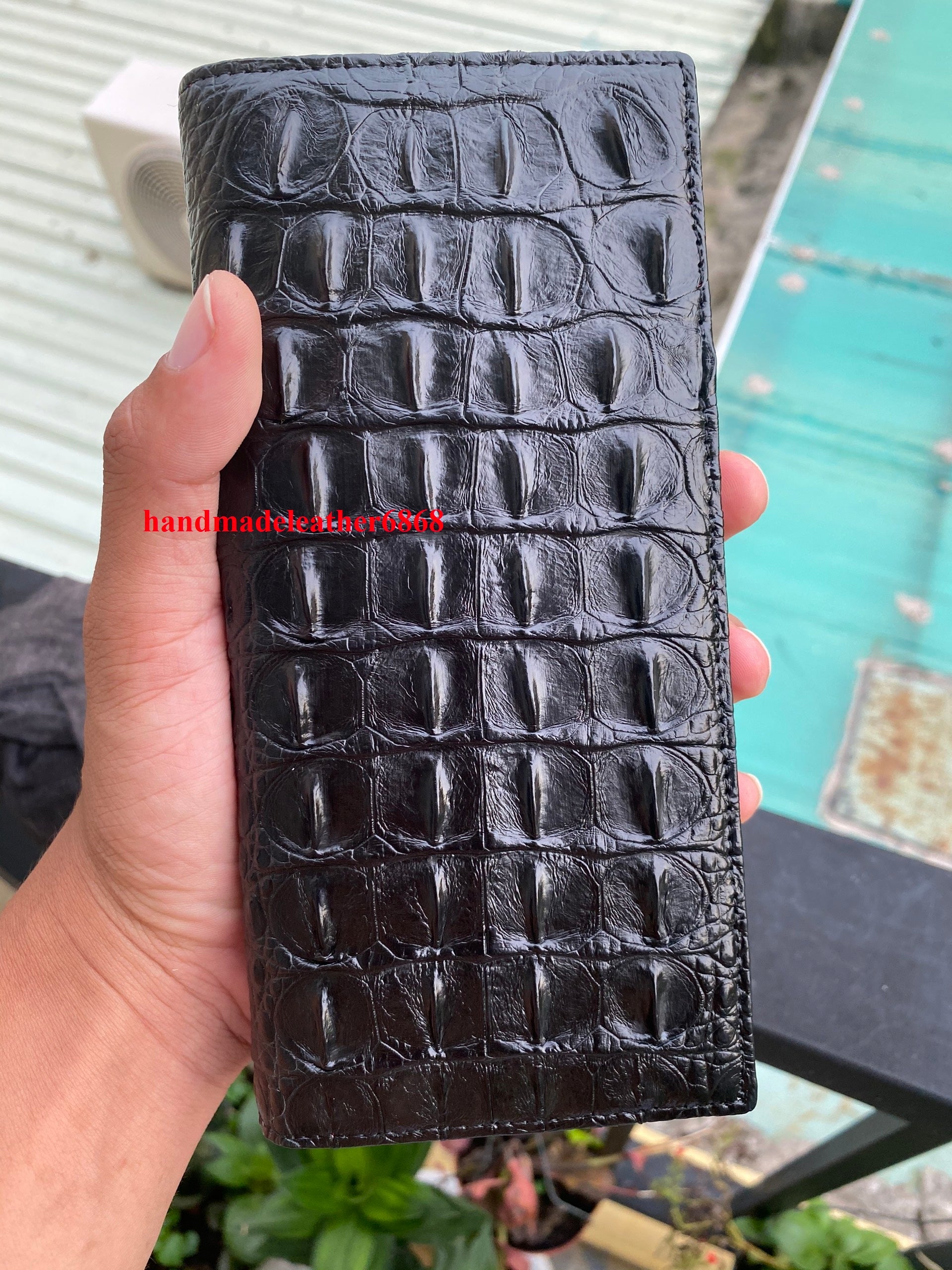 Double Side Handmade Genuine Crocodile Leather Skin Men Long Wallet Dark Brown