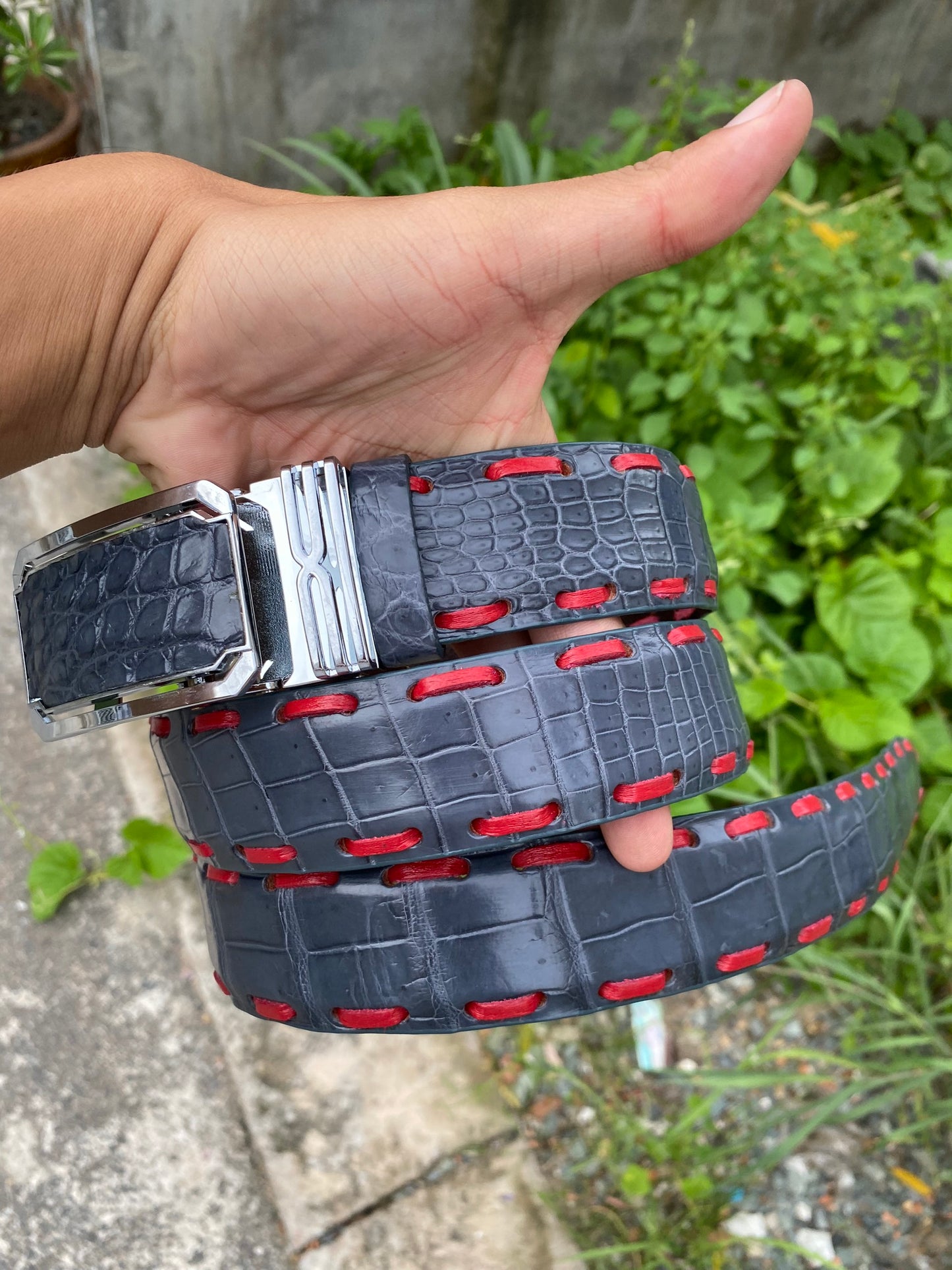 Grey alligator skin/leather belt men witdh 3.8cm