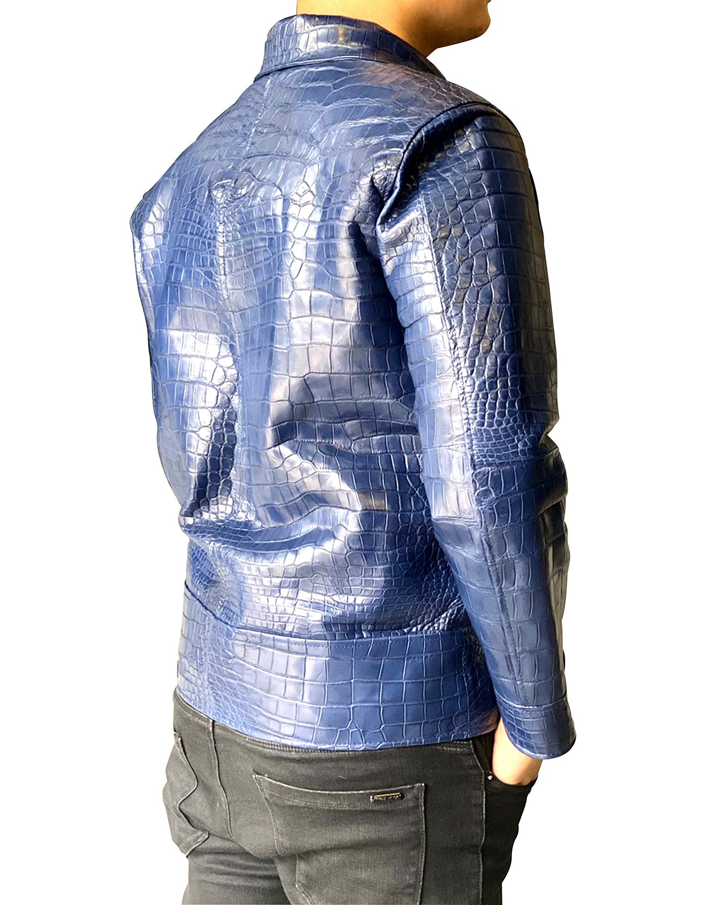 Woman with Colorful Sequin Jacket and Blue Crocodile Leather Bag