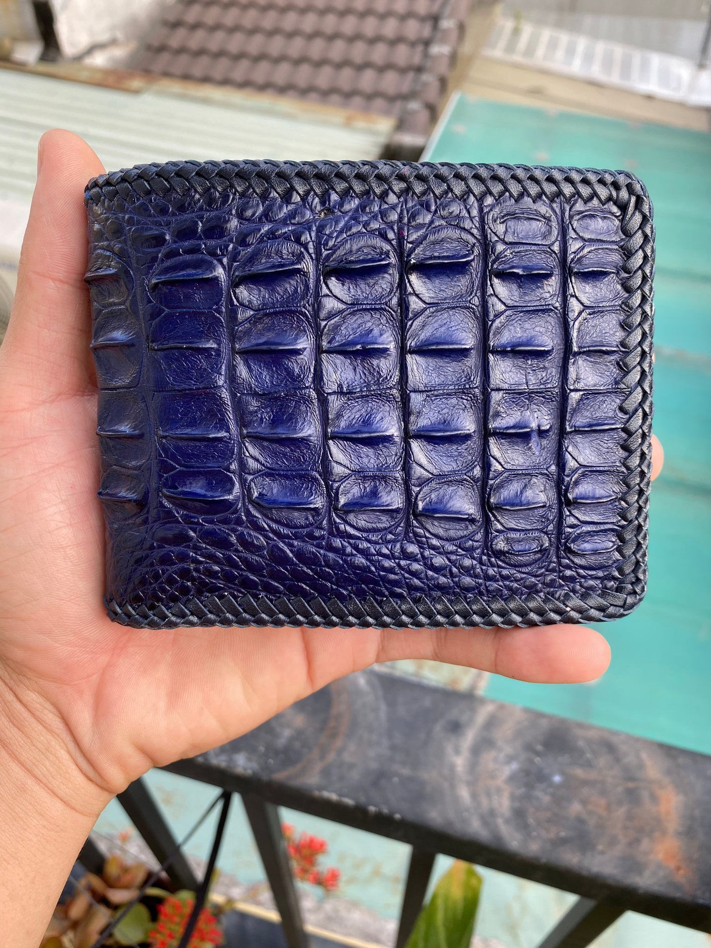 Blue double side alligator hornback leather wallet for men