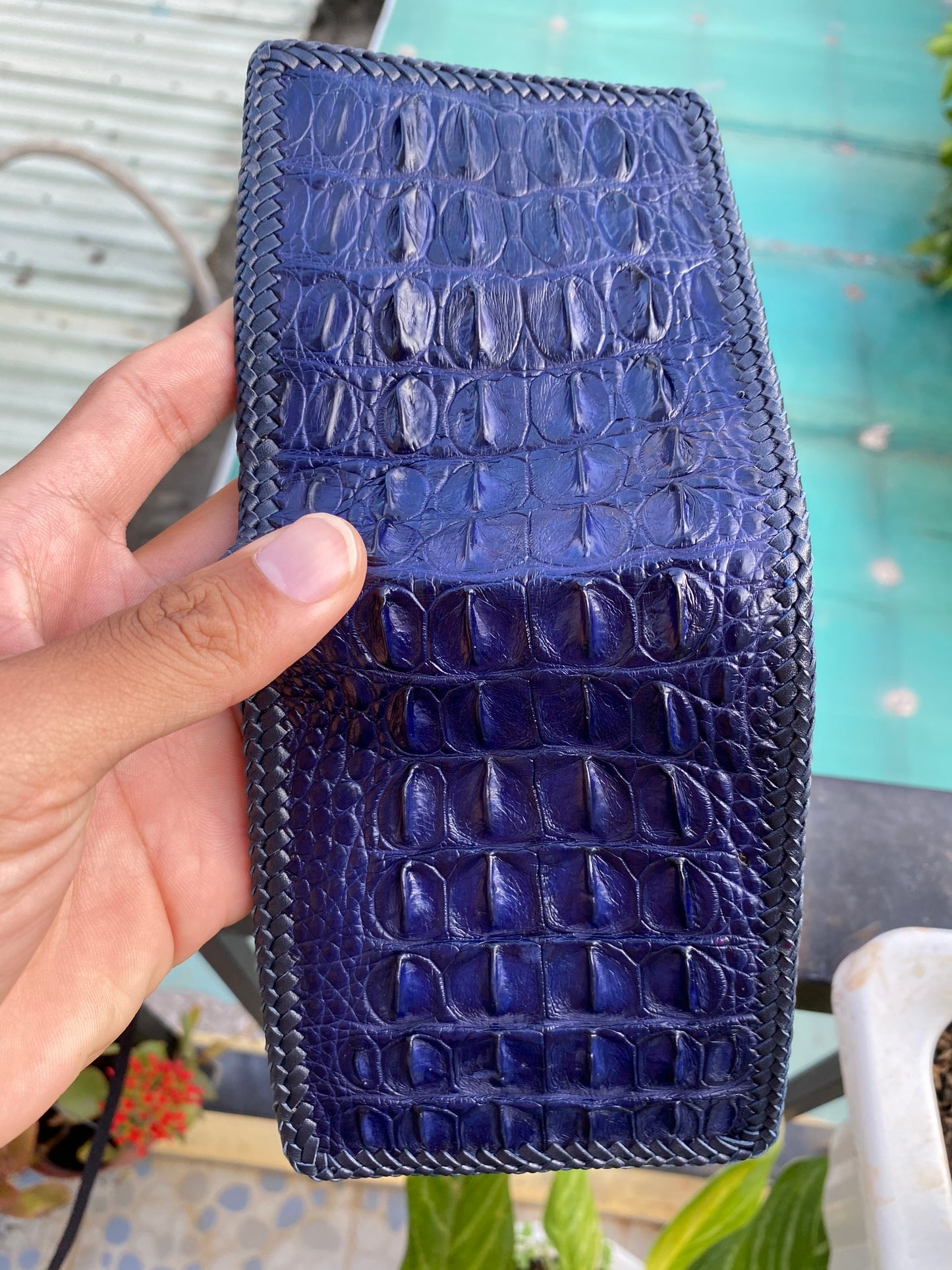 Blue double side alligator hornback leather wallet for men