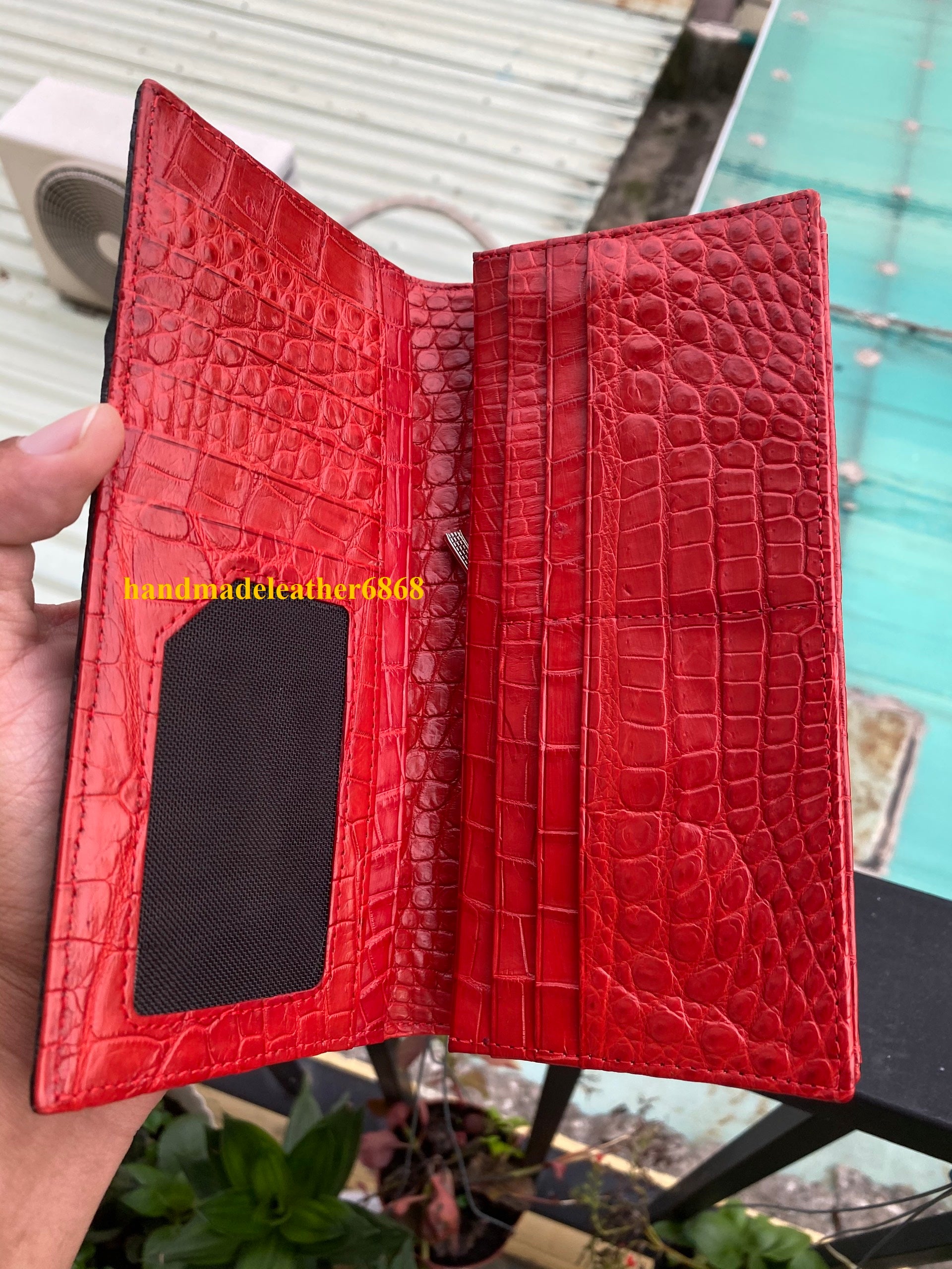 Red Genuine alligator Crocodile Belly Leather long wallet