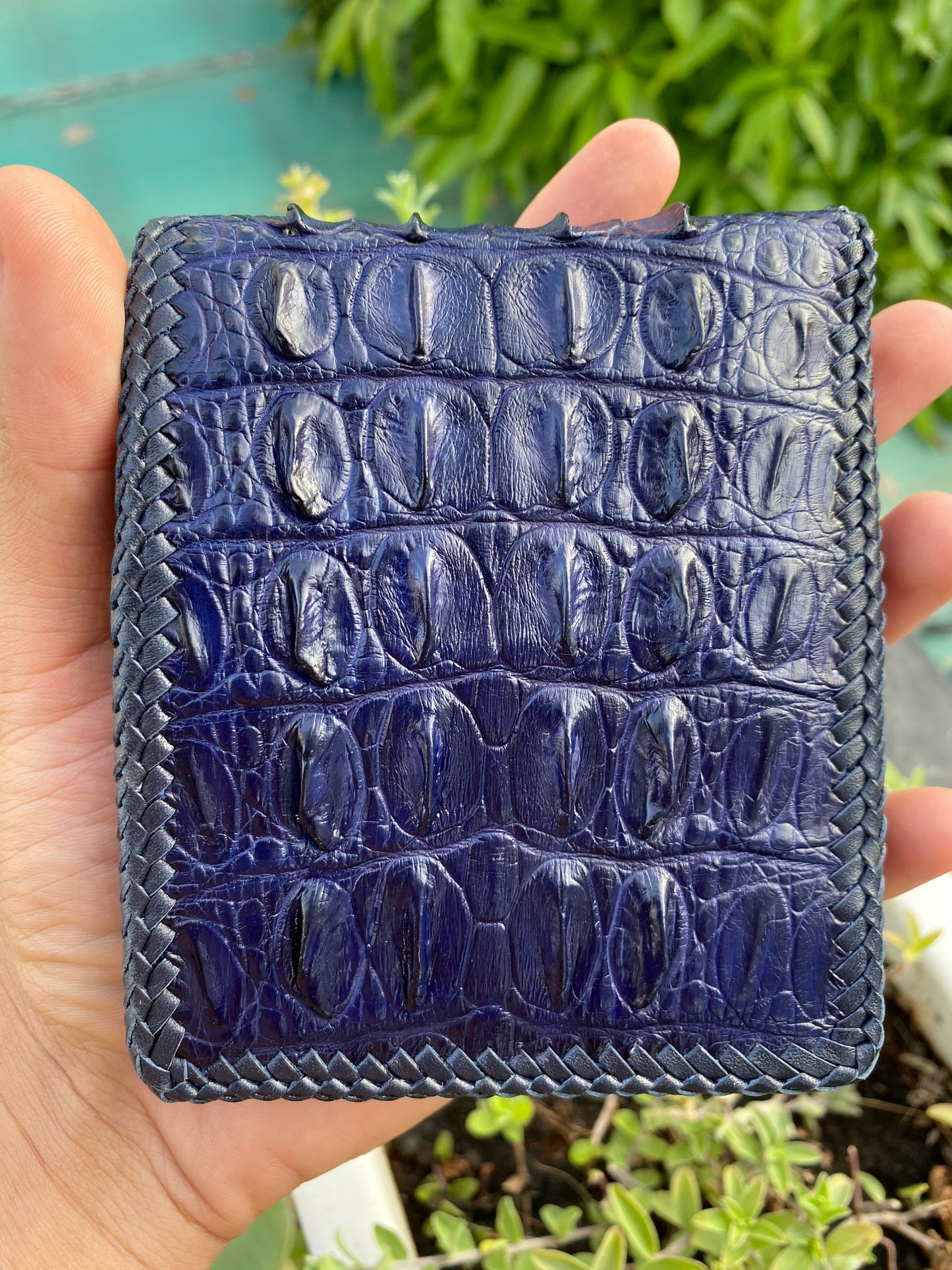 Blue double side alligator hornback leather wallet for men