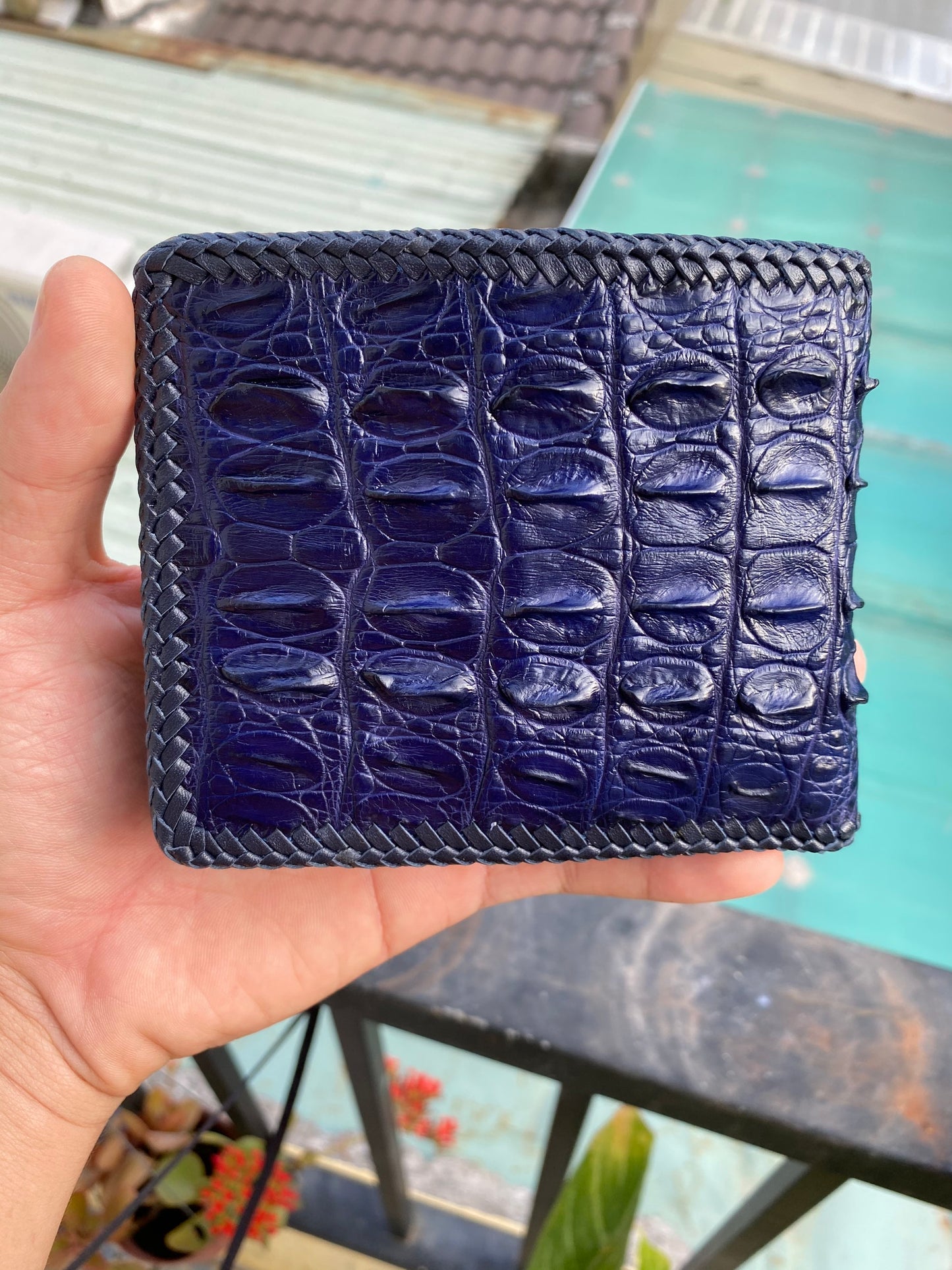 Blue double side alligator hornback leather wallet for men