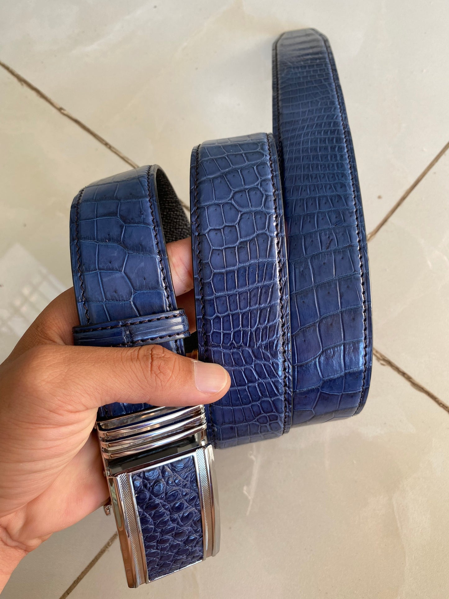 Blue alligator leather belt for men