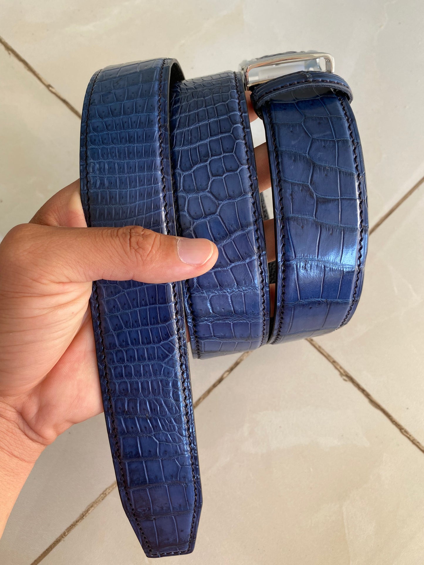 Blue alligator leather belt for men