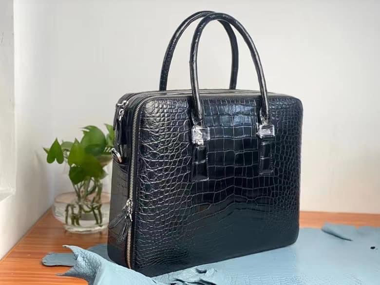 Black crocodile belly leather briefcase for men