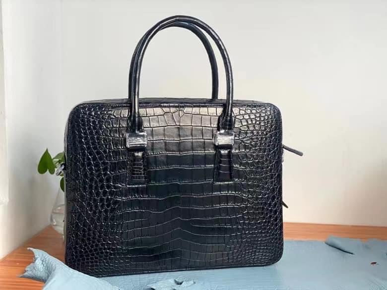 Black crocodile belly leather briefcase for men