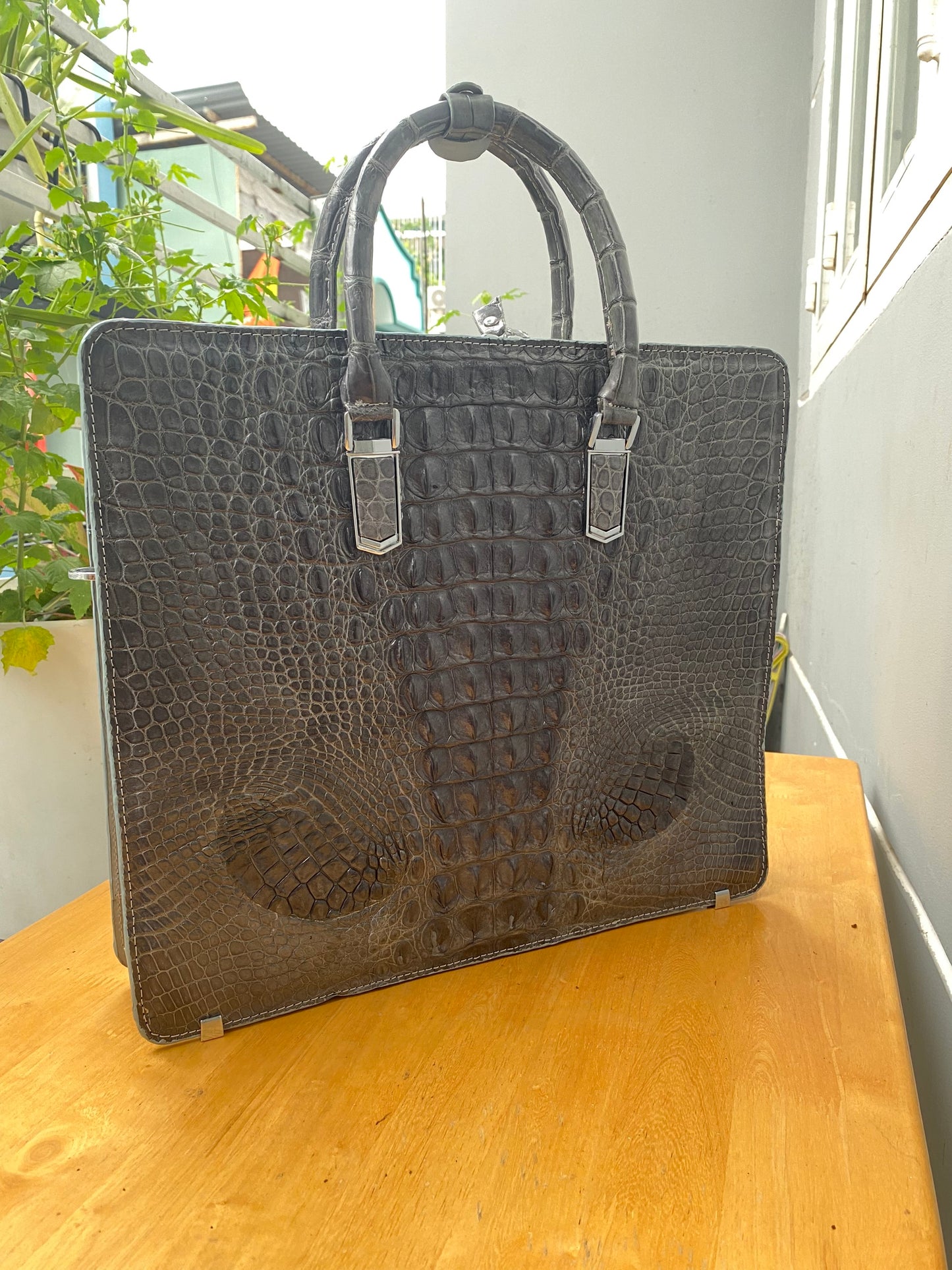 gray crocodile hornback briefcase for men