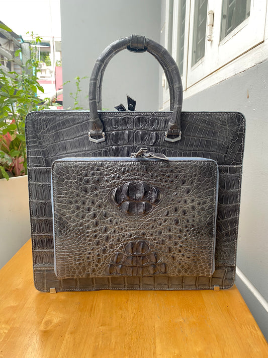 gray crocodile hornback briefcase for men