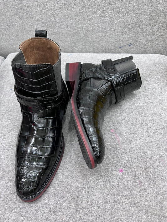 Black alligator belly leather boots for men